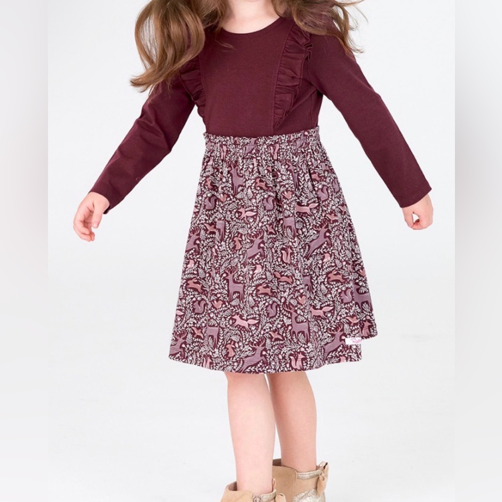 Ruffle Butts Girls Dress 6-12 months deer antler‎ earth woodland burgundy cotton